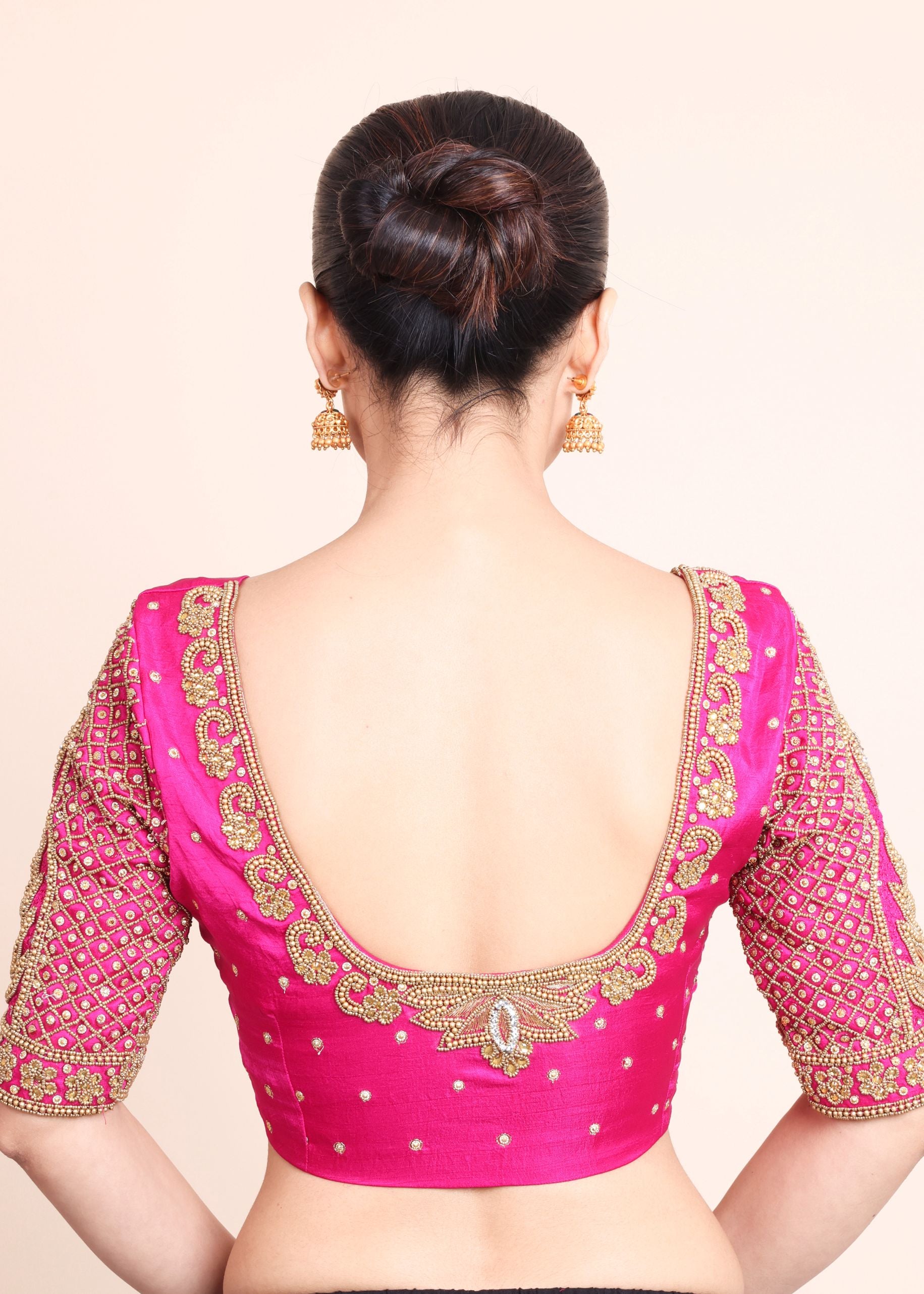 Deep Pink Bridal Aari Work Maggam Blouse back