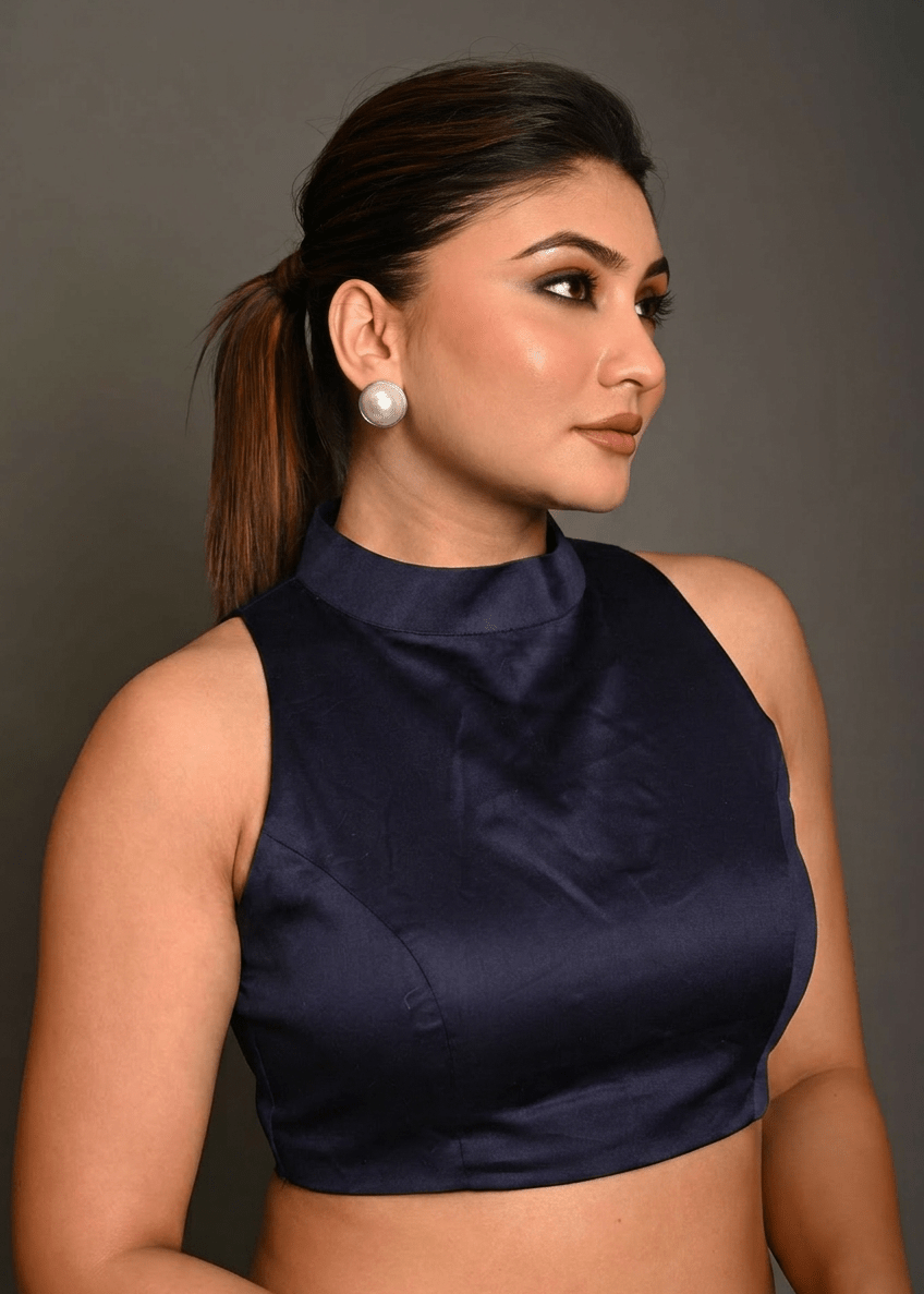 Deep blue High Neck Blouse with Back Closer - Anvi Couture