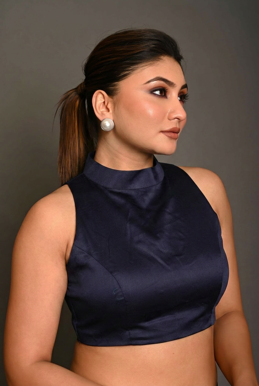 Deep blue High Neck Blouse with Back Closer close up 