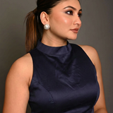 Deep blue High Neck Blouse with Back Closer close up 
