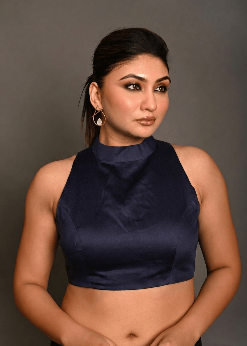 Deep blue High Neck Blouse with Back Closer - Anvi Couture