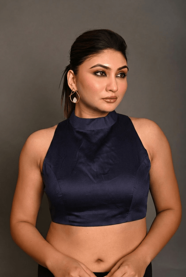 Deep blue High Neck Blouse with Back Closer - Anvi Couture