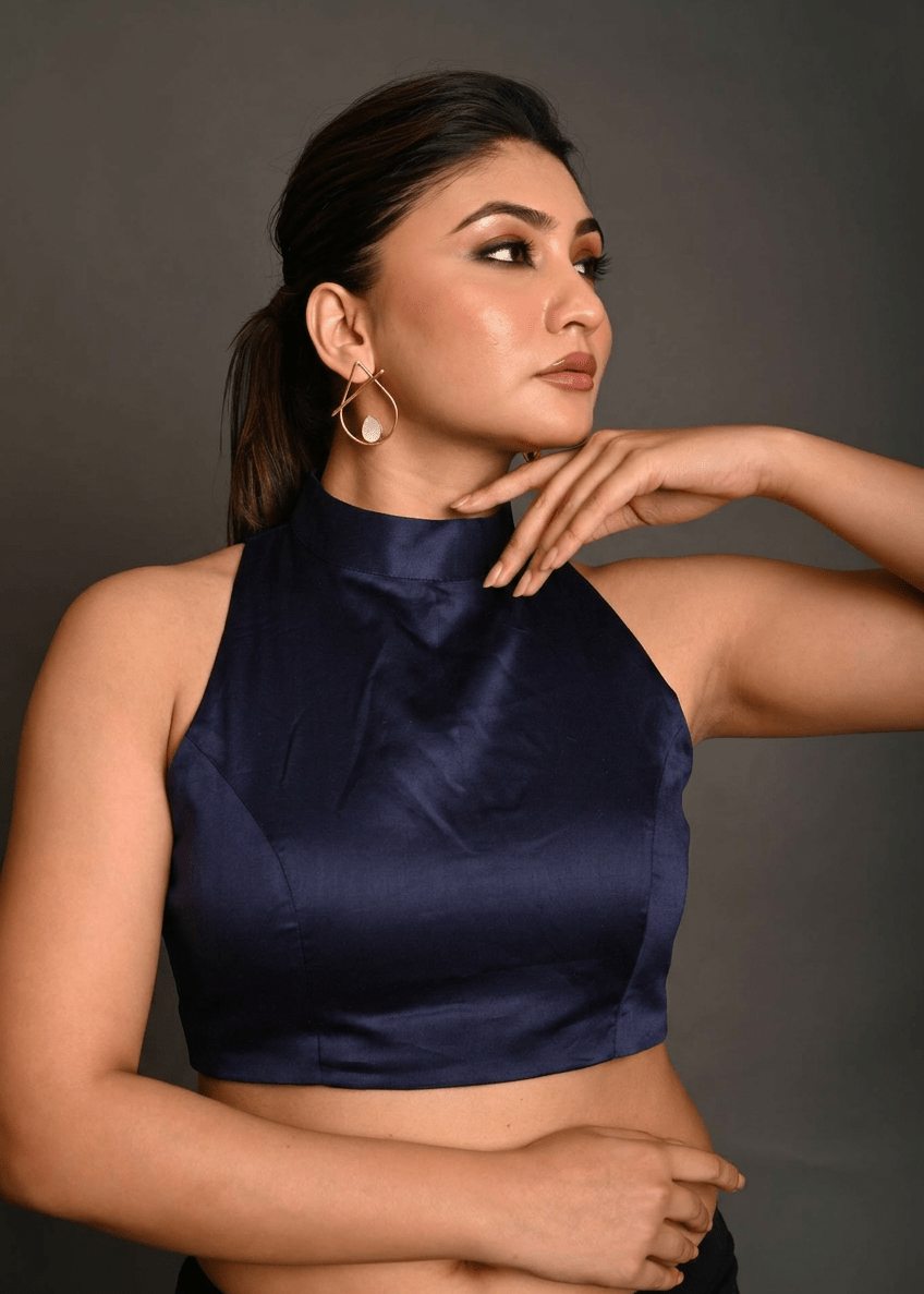 Deep blue High Neck Blouse with Back Closer - Anvi Couture