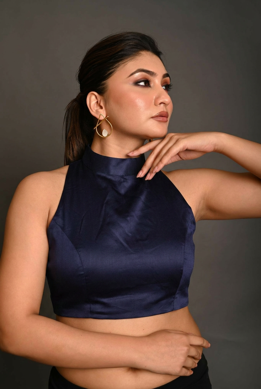 Deep blue High Neck Blouse with Back Closer front