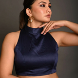 Deep blue High Neck Blouse with Back Closer front