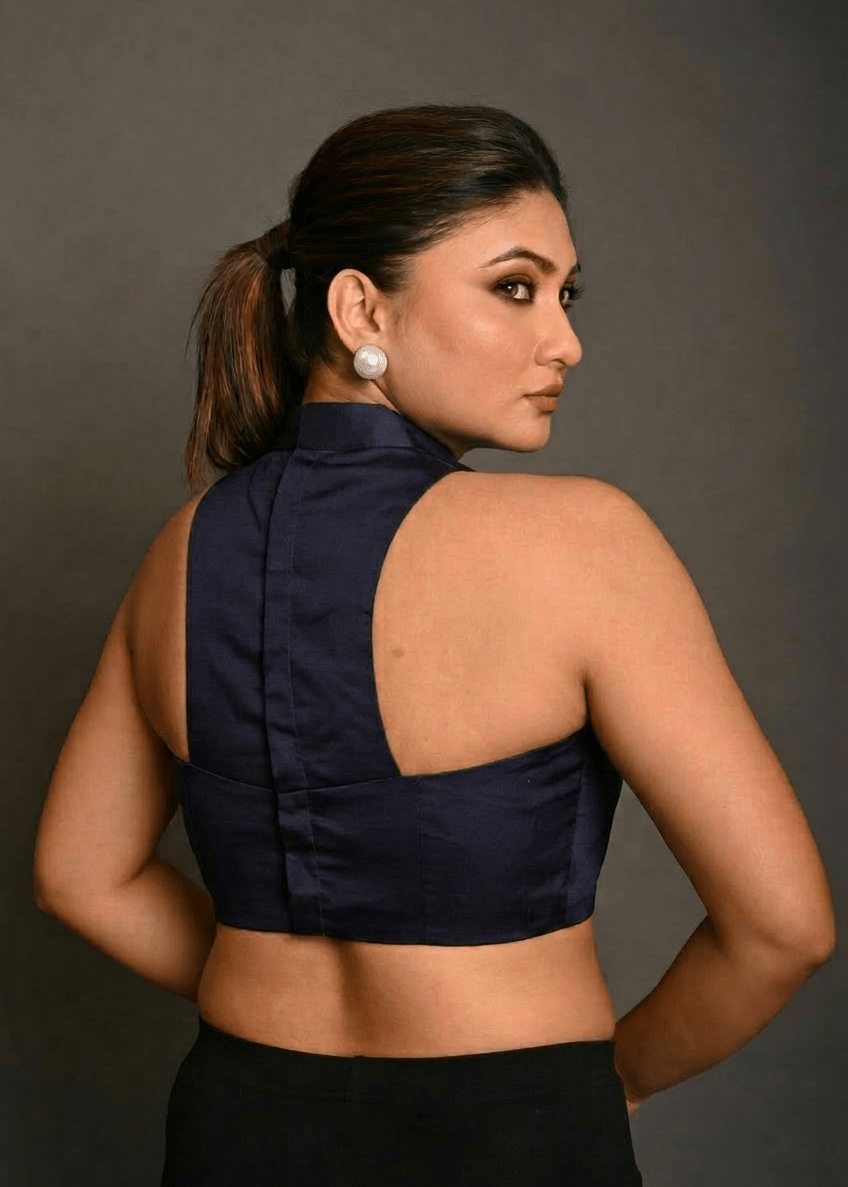 Deep blue High Neck Blouse with Back Closer - Anvi Couture