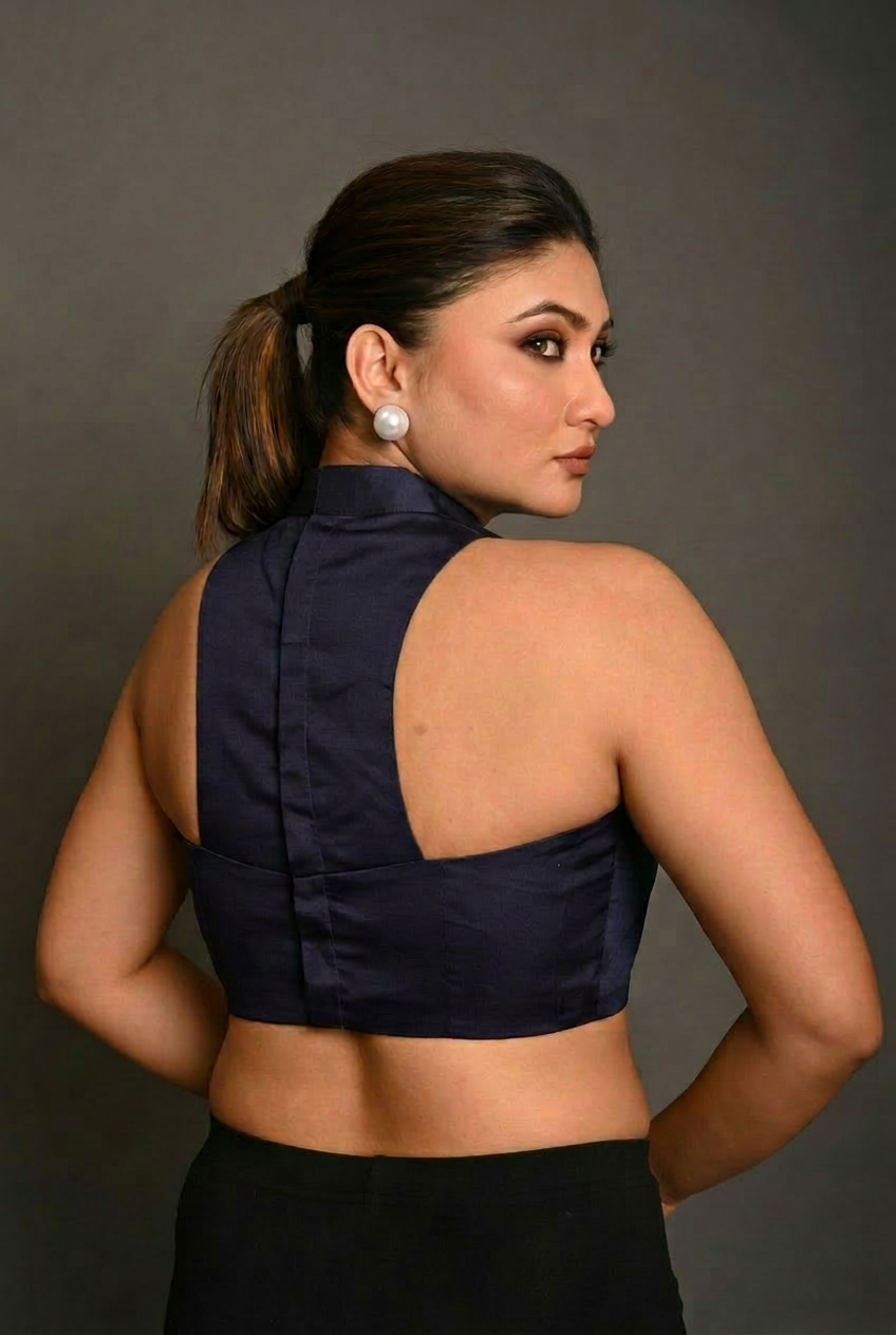 Deep blue High Neck Blouse with Back Closer back