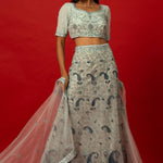 Light Blue Embroidered Lehenga Set with Sheer Dupatta and Short-Sleeved Blouse