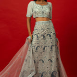 Light Blue Embroidered Lehenga Set with Sheer Dupatta and Short-Sleeved Blouse