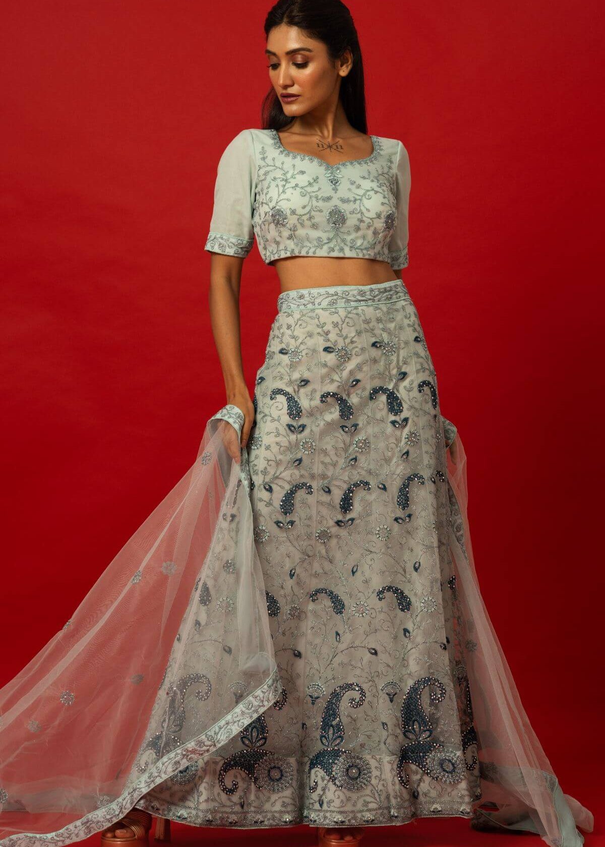 Light Blue Embroidered Lehenga Set with Sheer Dupatta and Short-Sleeved Blouse