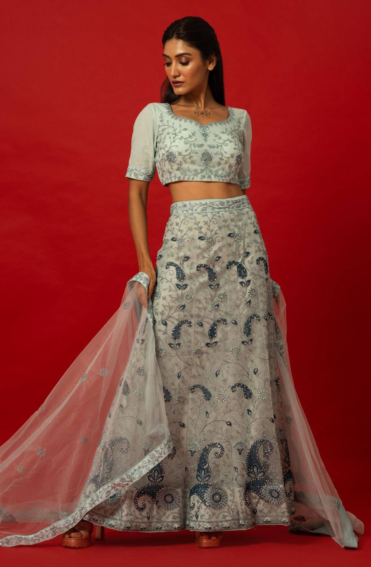 Light Blue Embroidered Lehenga Set with Sheer Dupatta and Short-Sleeved Blouse