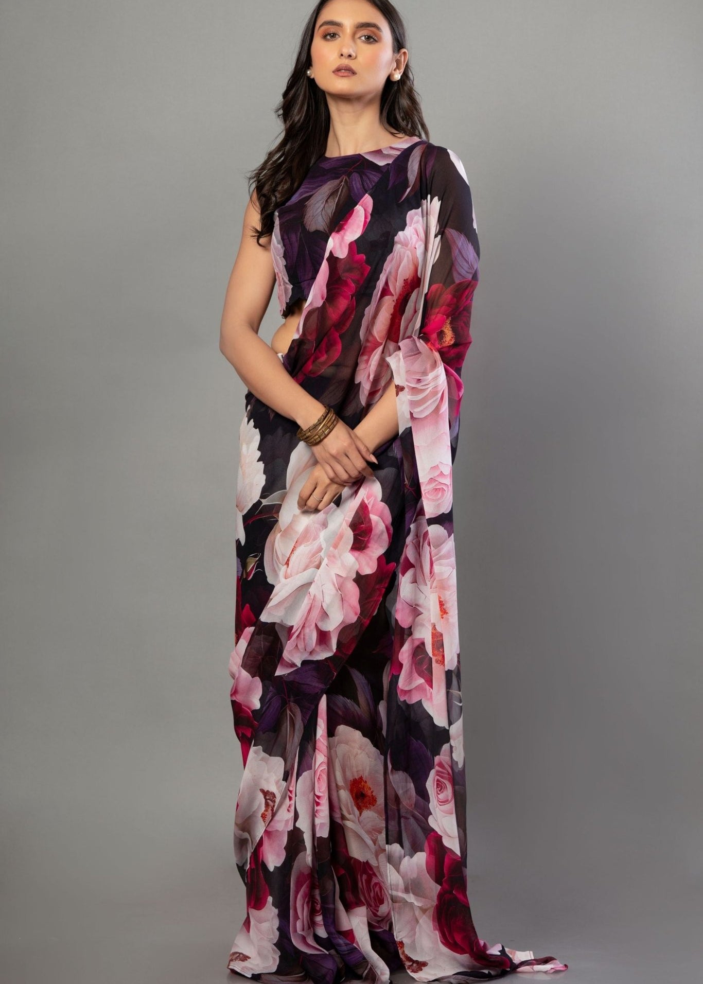 Designer Black Georgette Floral Print Party Wear Saree - Anvi Couture