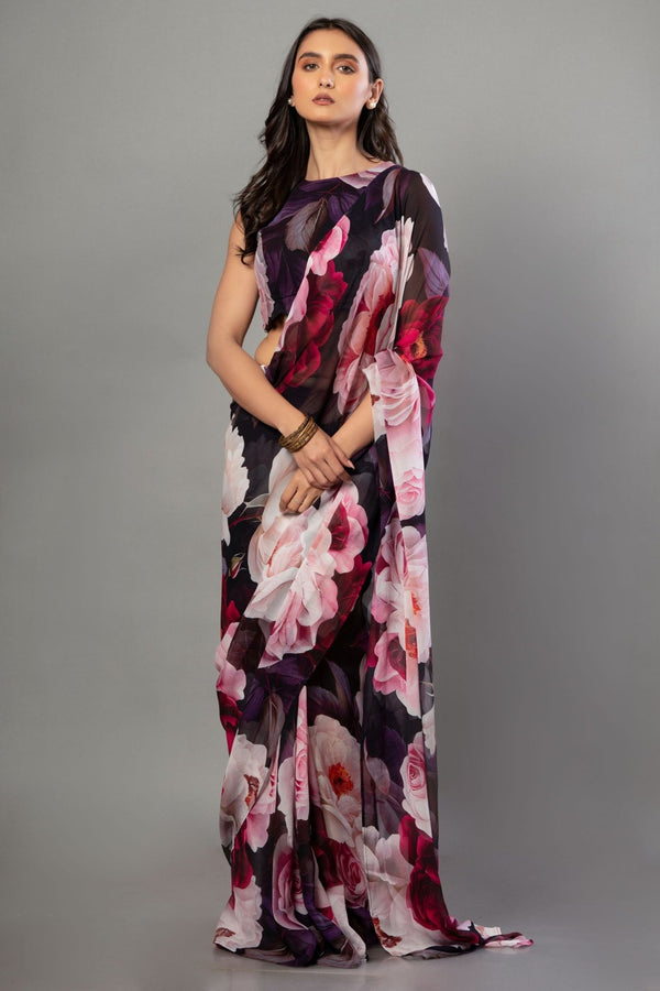 Designer Black Georgette Floral Print Party Wear Saree - Anvi Couture