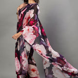 Designer Black Georgette Floral Print Party Wear Saree - Anvi Couture
