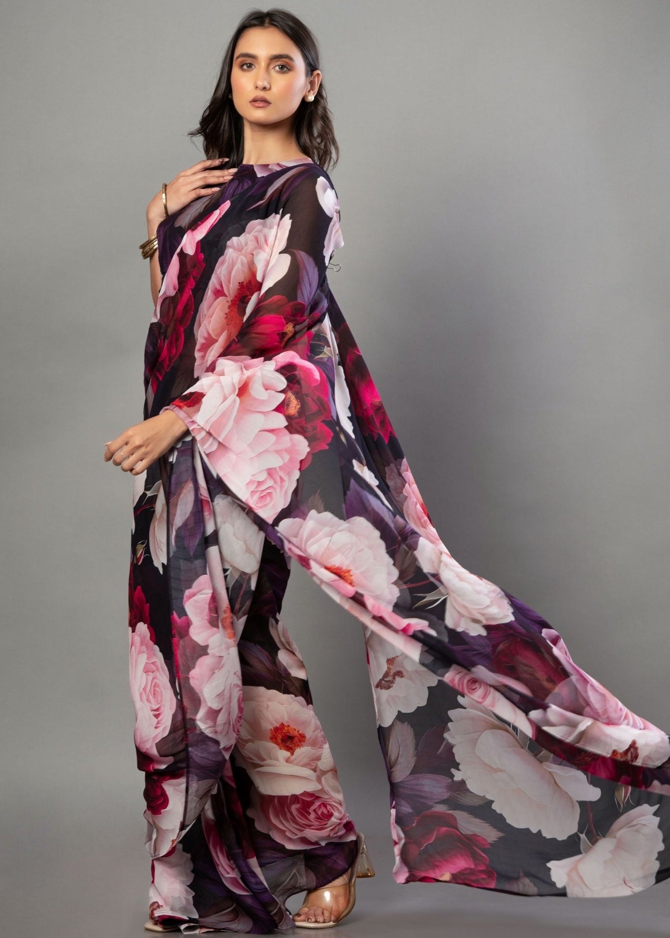 Designer Black Georgette Floral Print Party Wear Saree - Anvi Couture