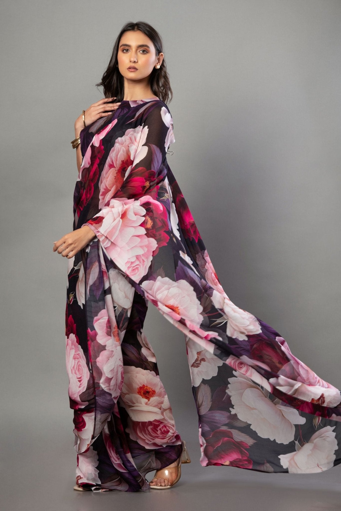 Designer Black Georgette Floral Print Party Wear Saree - Anvi Couture