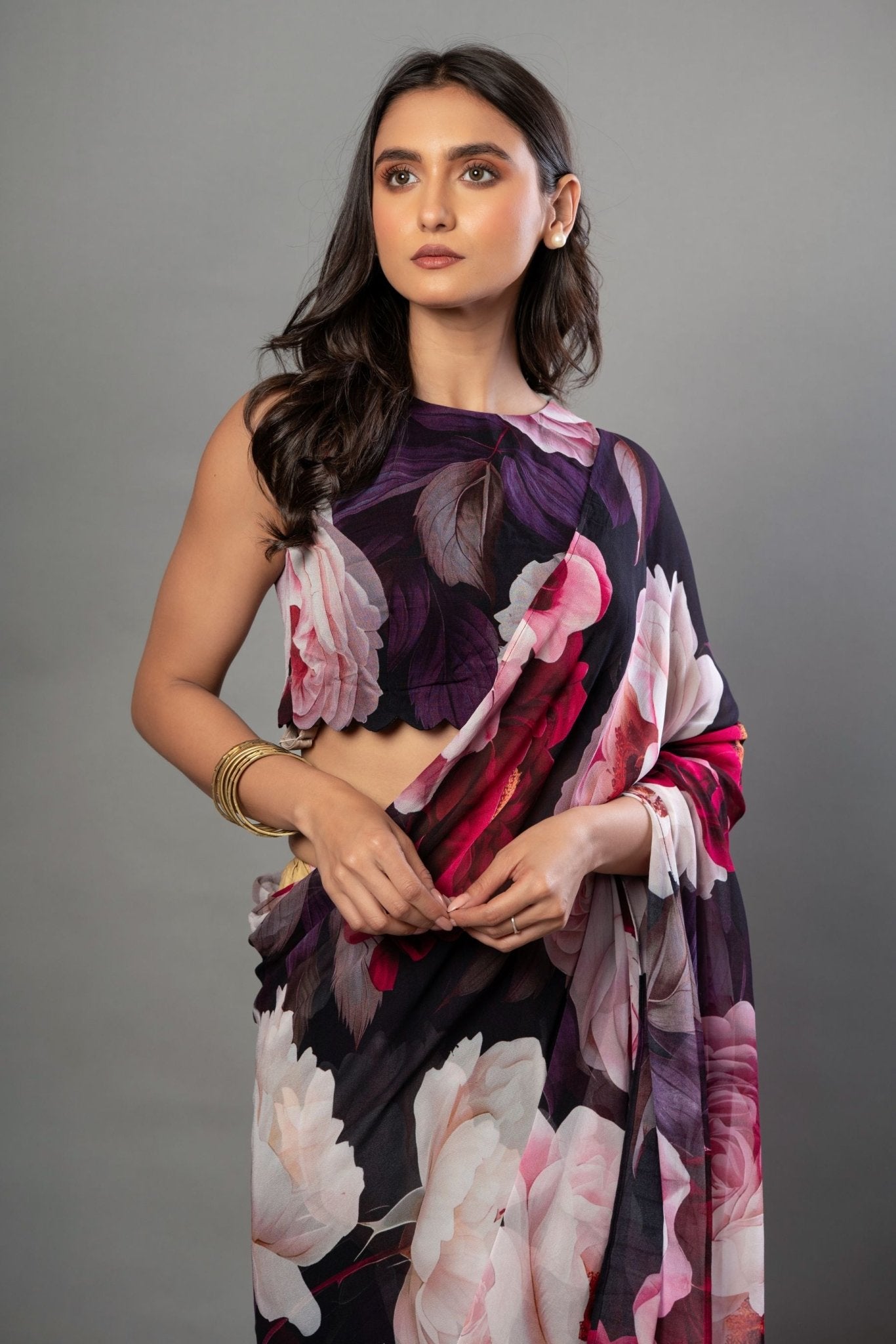Designer Black Georgette Floral Print Party Wear Saree - Anvi Couture