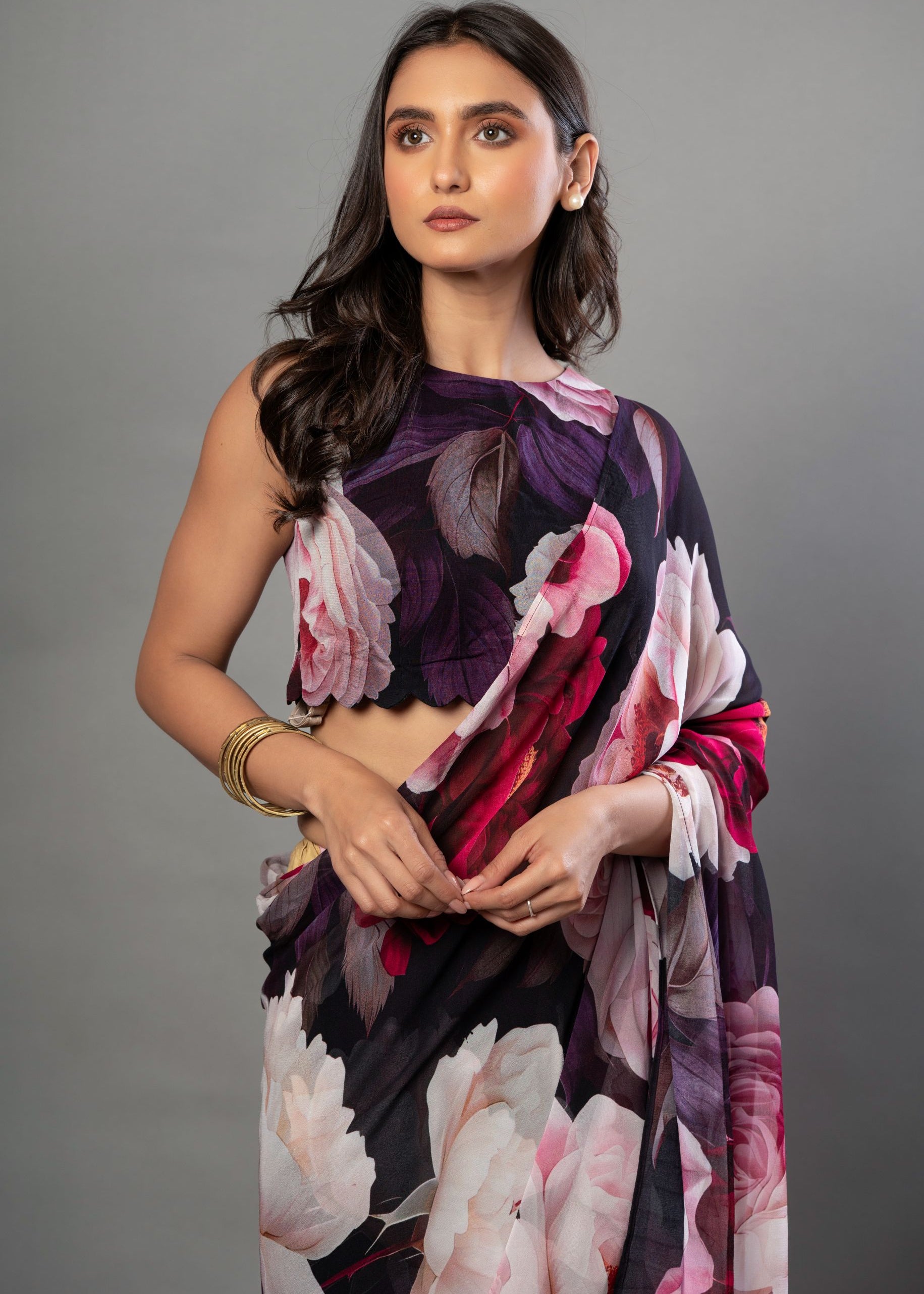 Designer Black Georgette Floral Print Party Wear Saree 3
