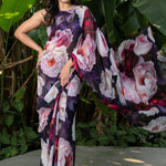 Designer Black Georgette Floral Print Party Wear Saree - Anvi Couture