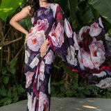 Designer Black Georgette Floral Print Party Wear Saree - Anvi Couture