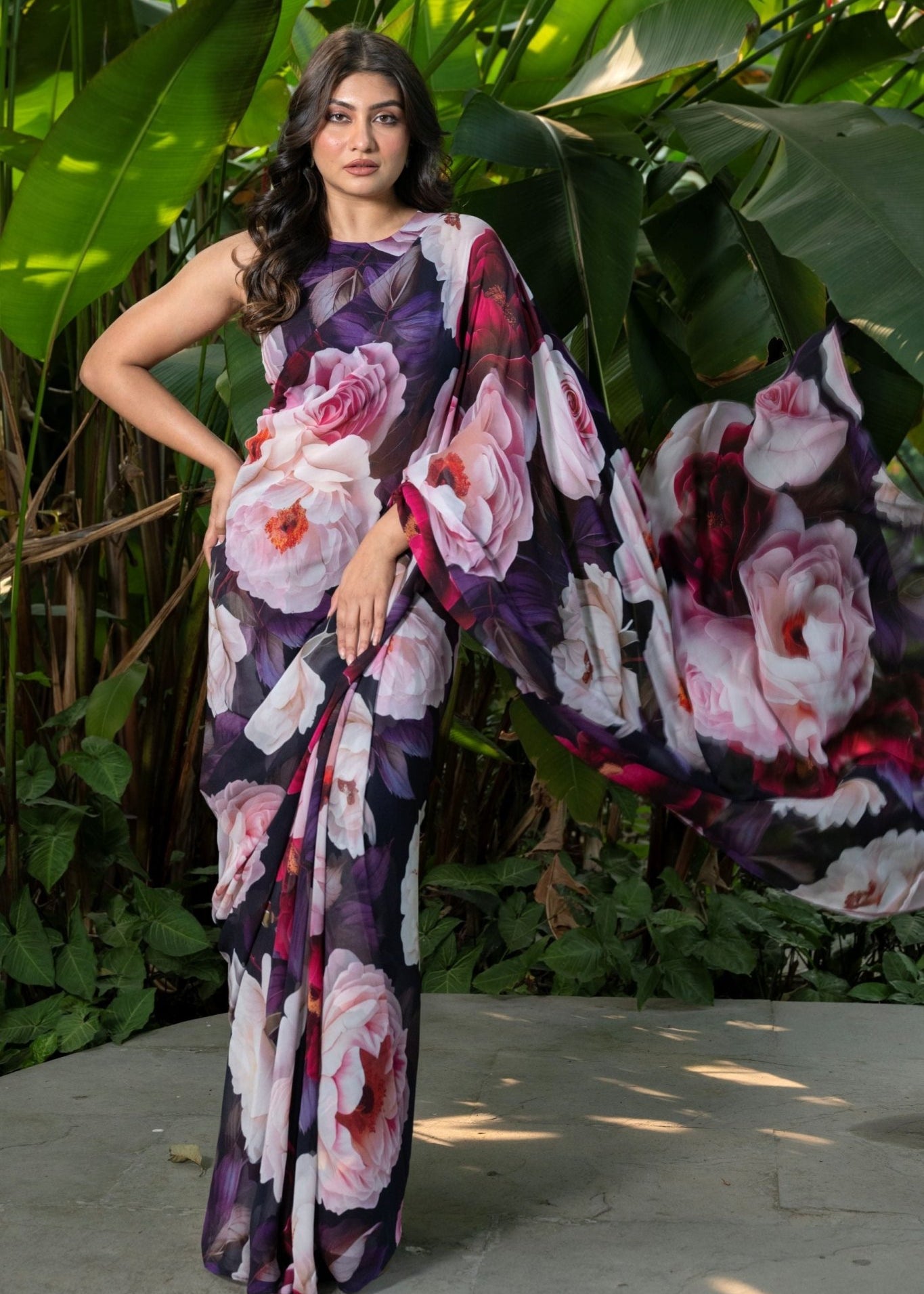 Designer Black Georgette Floral Print Party Wear Saree - Anvi Couture
