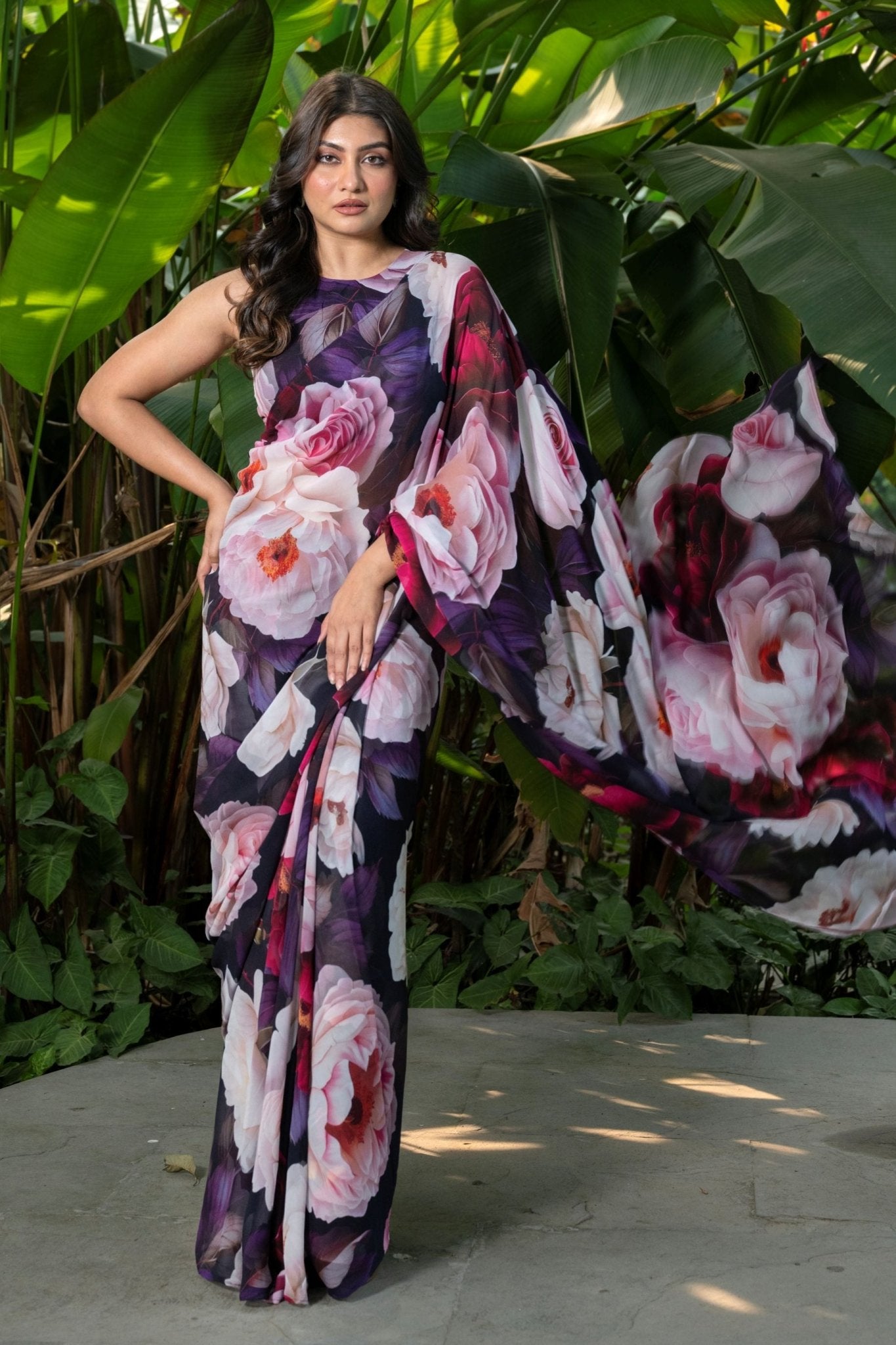 Designer Black Georgette Floral Print Party Wear Saree - Anvi Couture