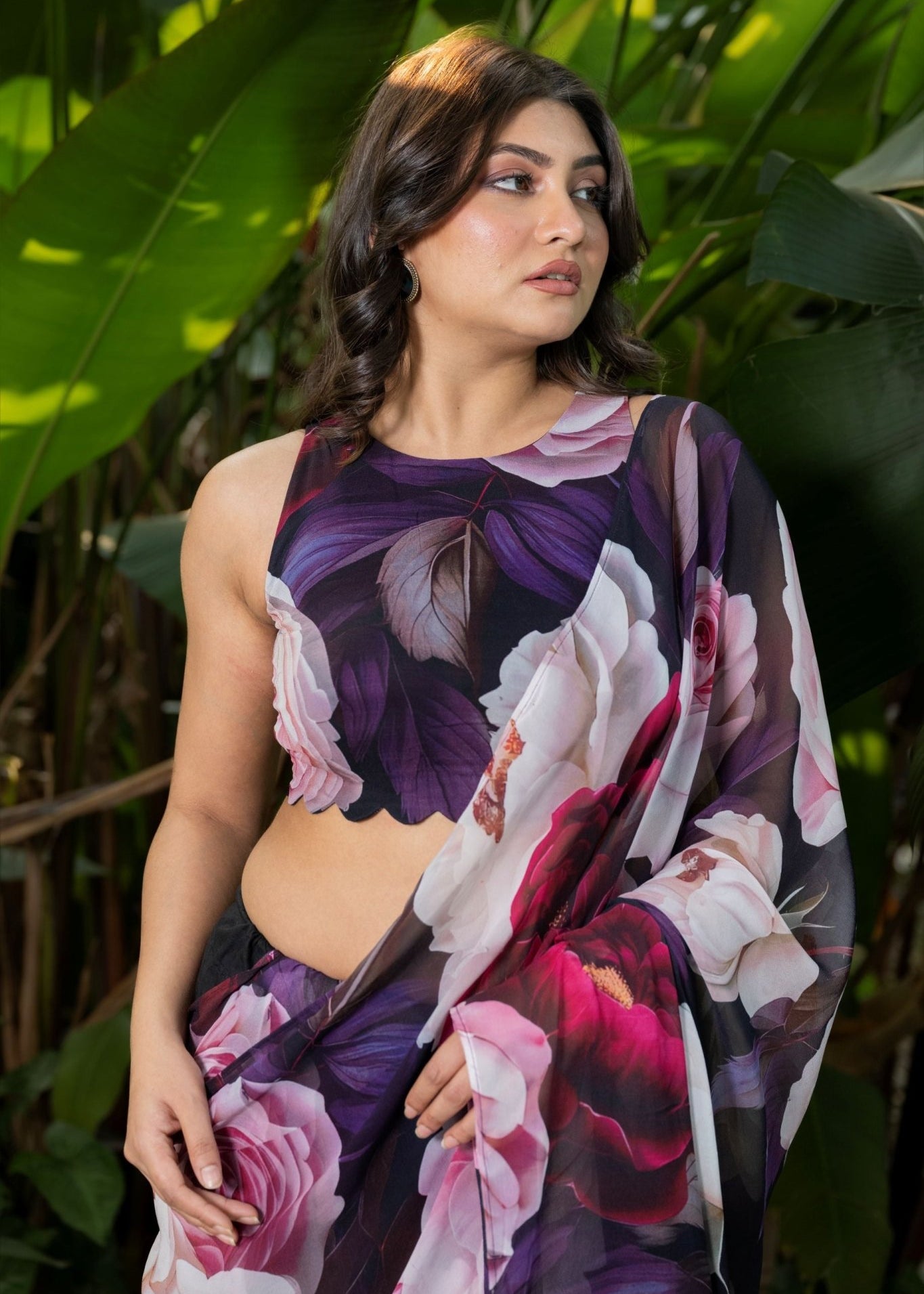 Designer Black Georgette Floral Print Party Wear Saree - Anvi Couture