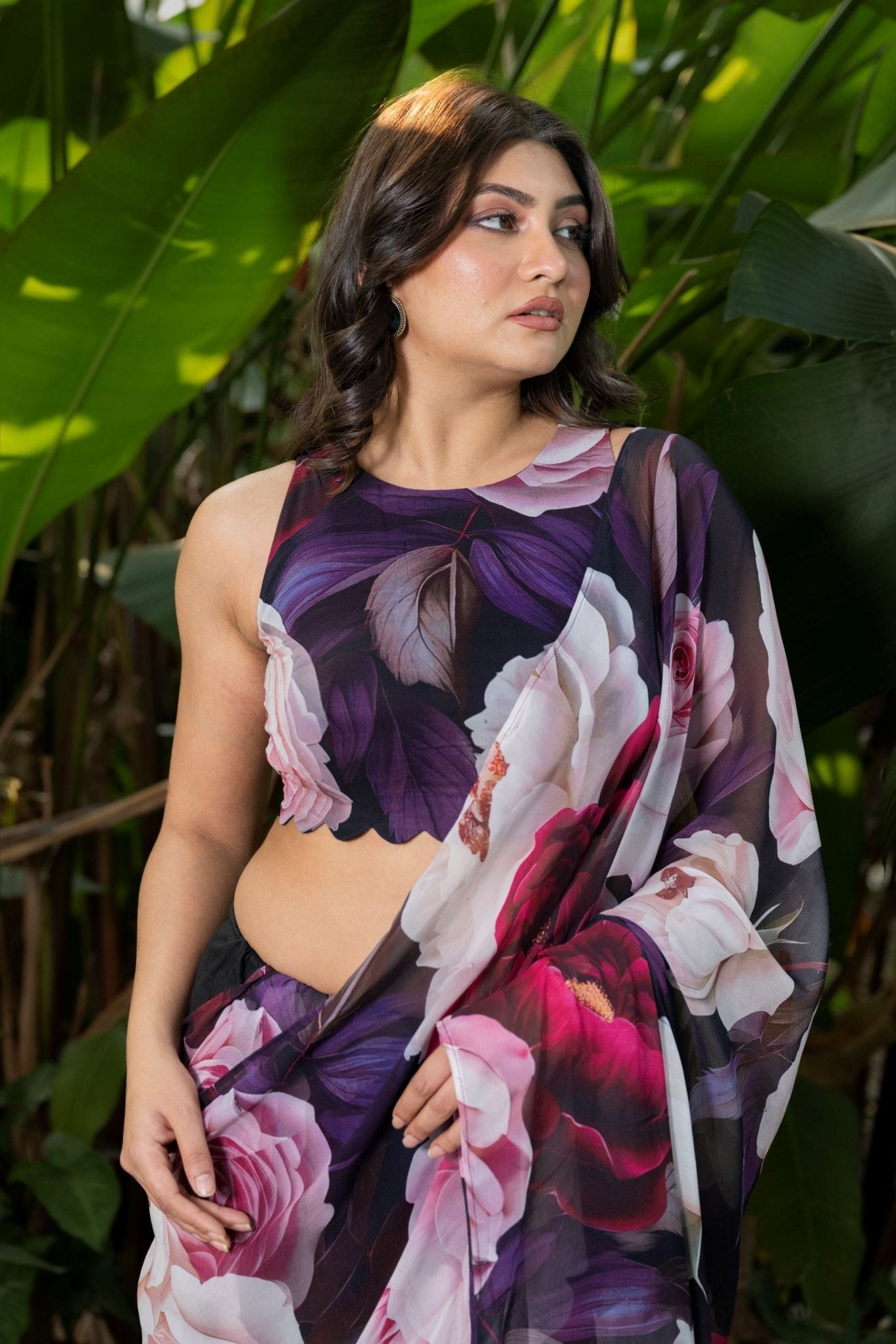 Designer Black Georgette Floral Print Party Wear Saree - Anvi Couture