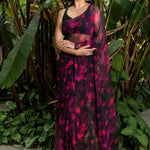 Designer Black & Pink Chiffon Saree with Floral Prints - Anvi Couture