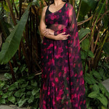 Designer Black & Pink Chiffon Saree with Floral Prints - Anvi Couture