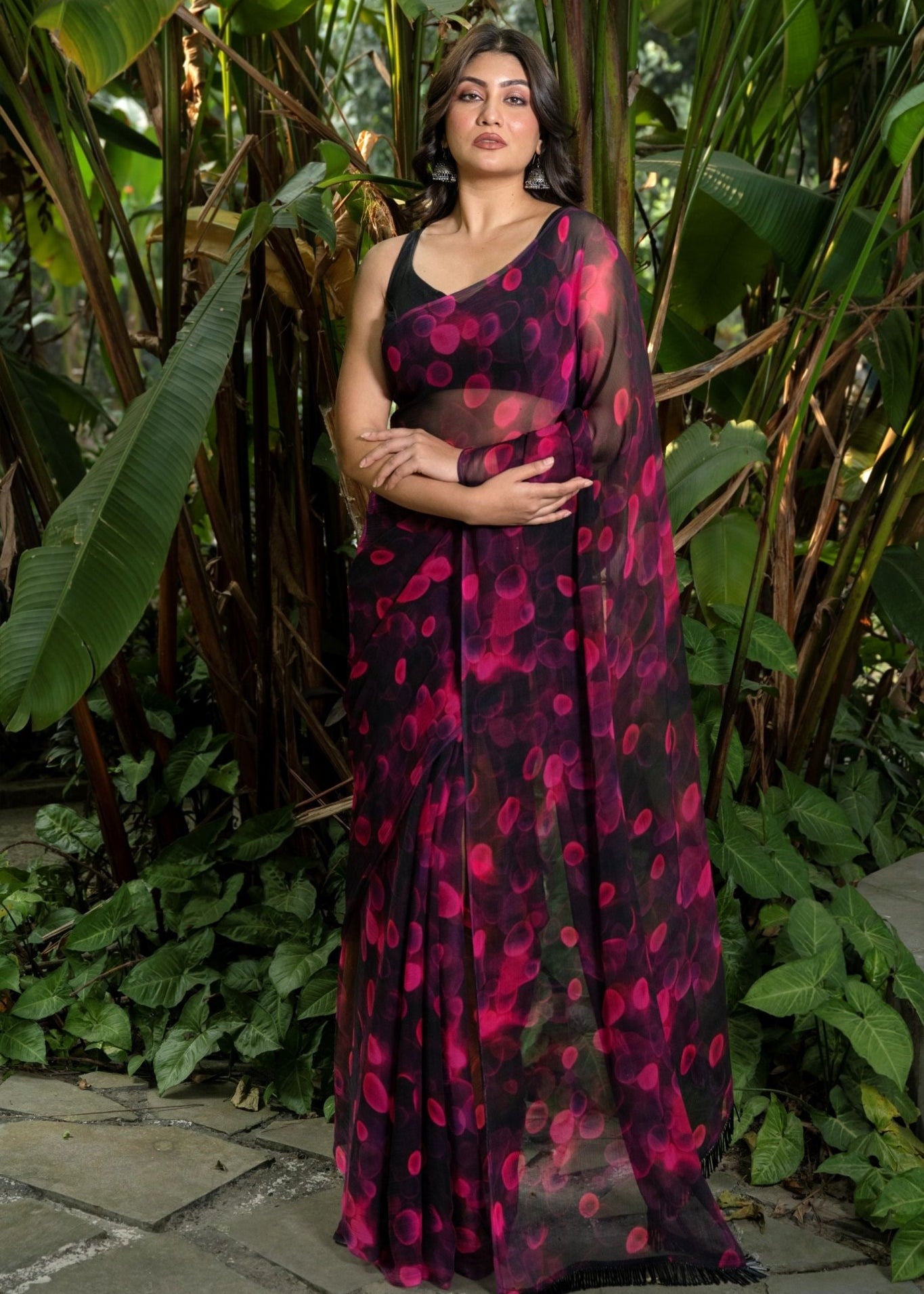 Designer Black & Pink Chiffon Saree with Floral Prints - Anvi Couture