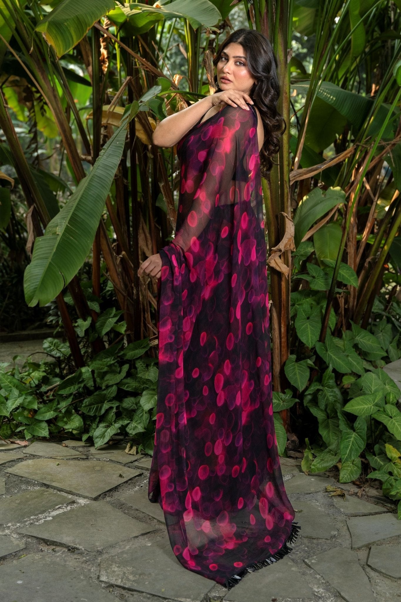 Designer Black & Pink Chiffon Saree with Floral Prints - Anvi Couture