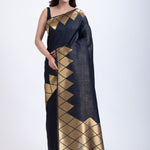 Designer Black Soft Silk Saree With Golden Geometric Border Full