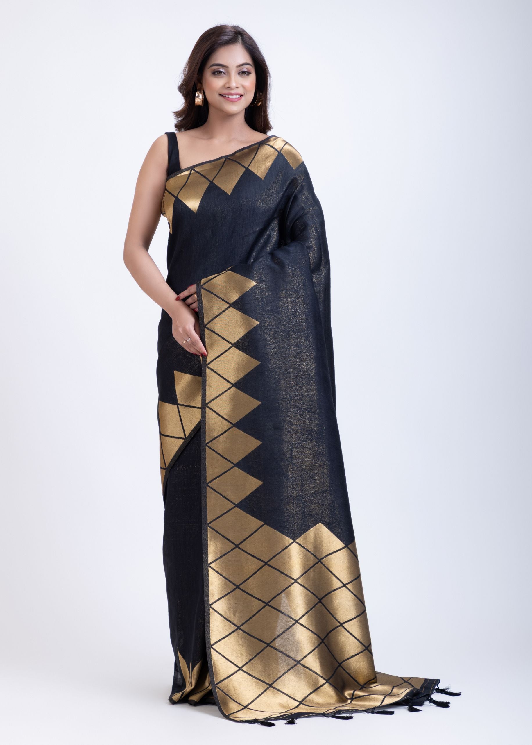Designer Black Soft Silk Saree With Golden Geometric Border Full