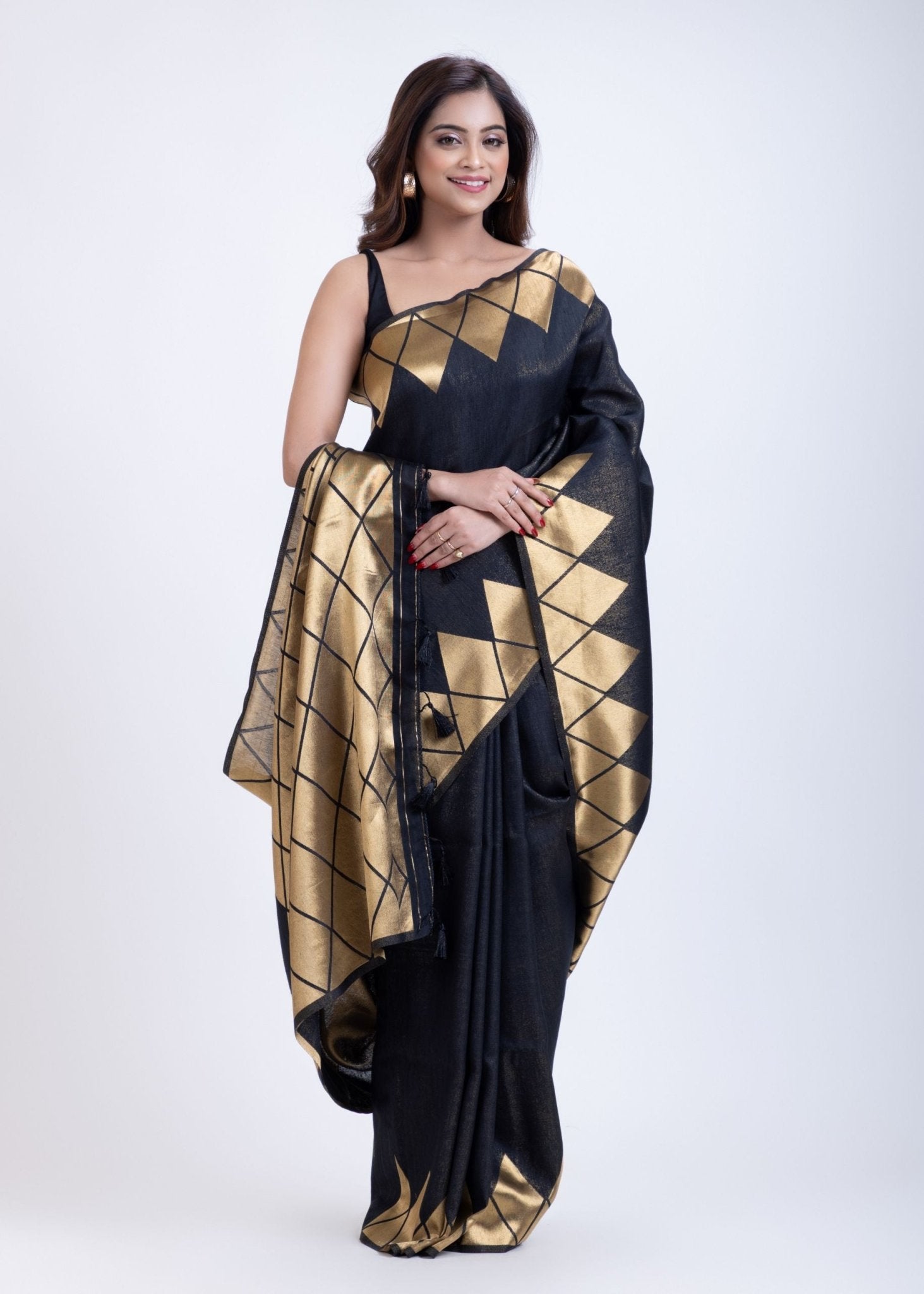Designer Black Soft Silk Saree With Golden Geometric Border - Anvi Couture