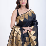 Designer Black Soft Silk Saree With Golden Geometric Border Close Up