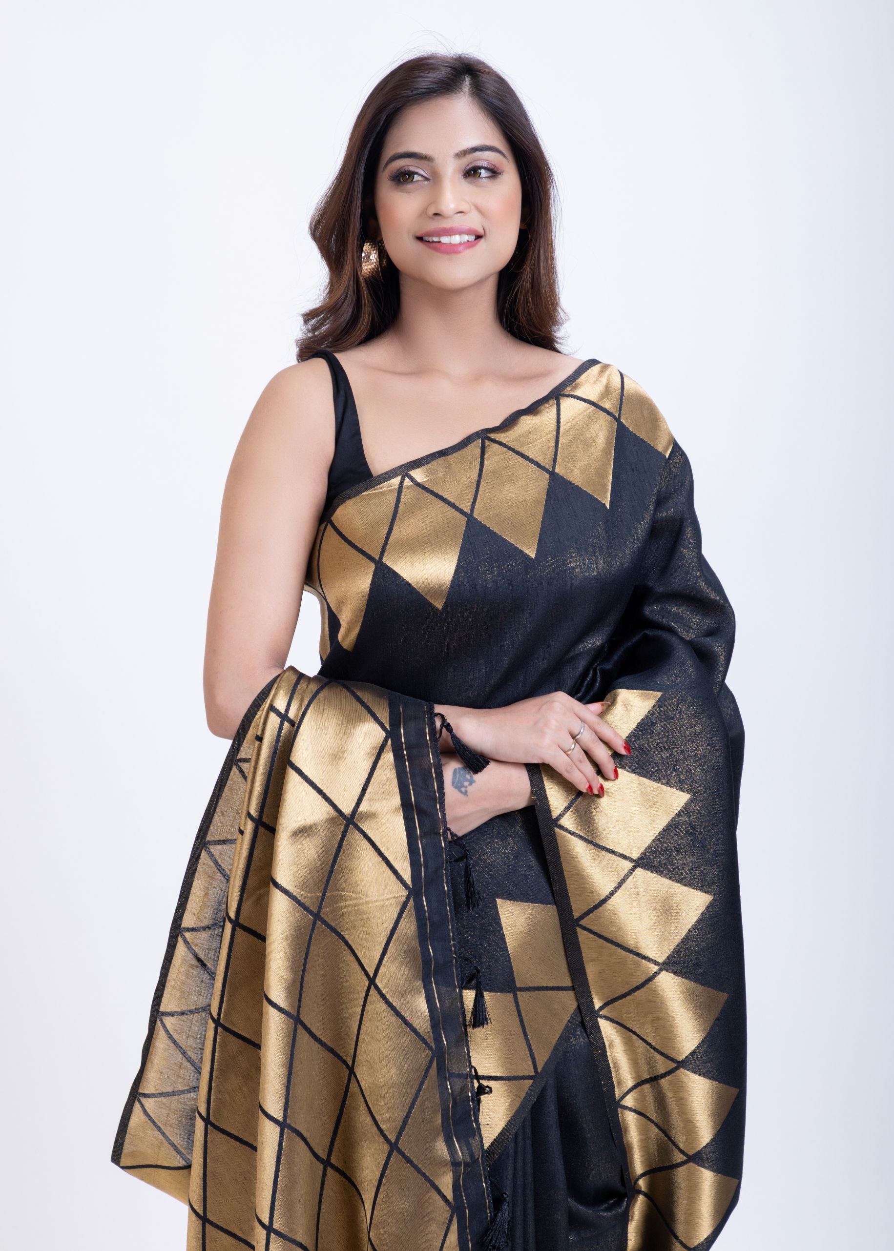 Designer Black Soft Silk Saree With Golden Geometric Border Close Up