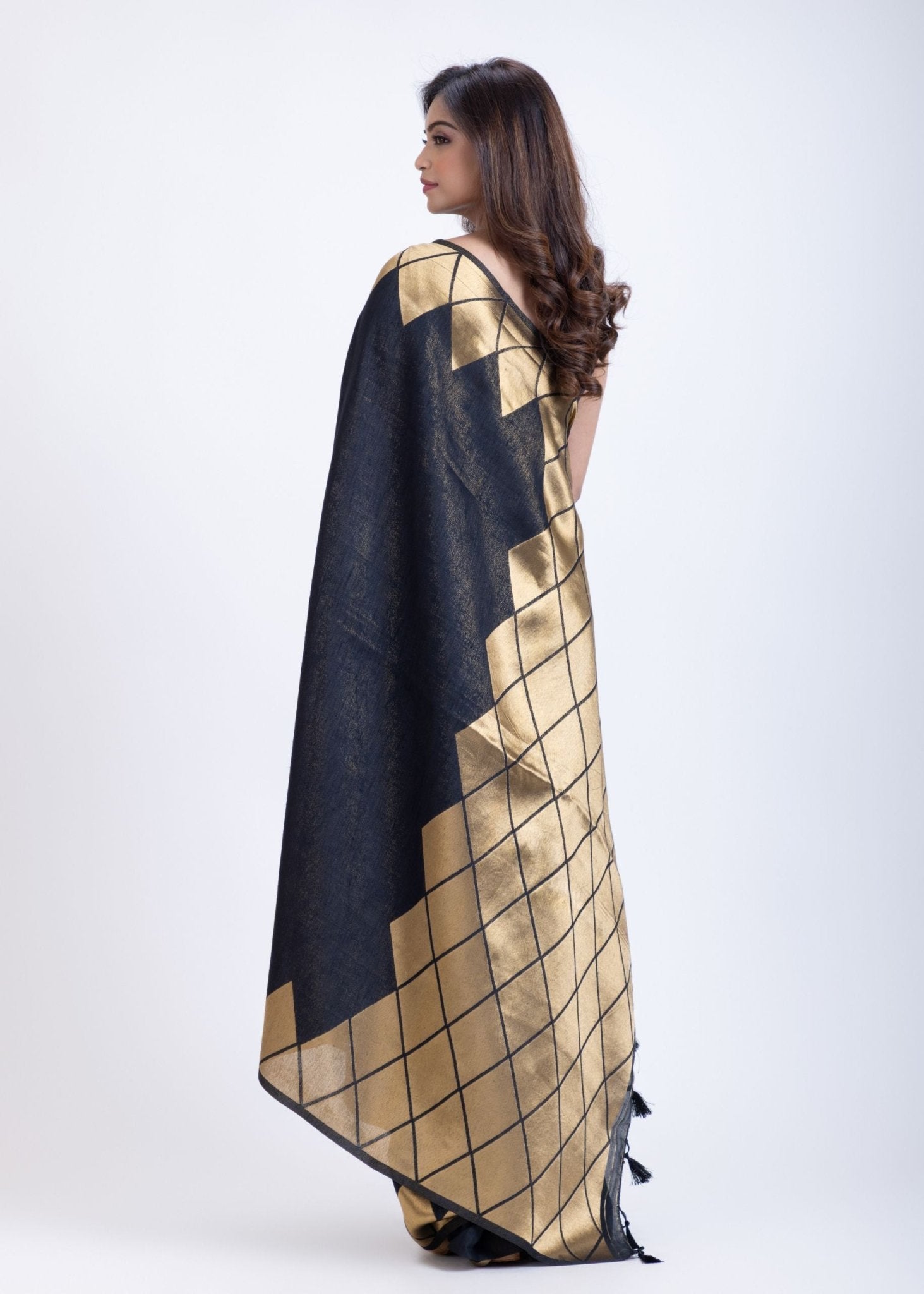 Designer Black Soft Silk Saree With Golden Geometric Border - Anvi Couture
