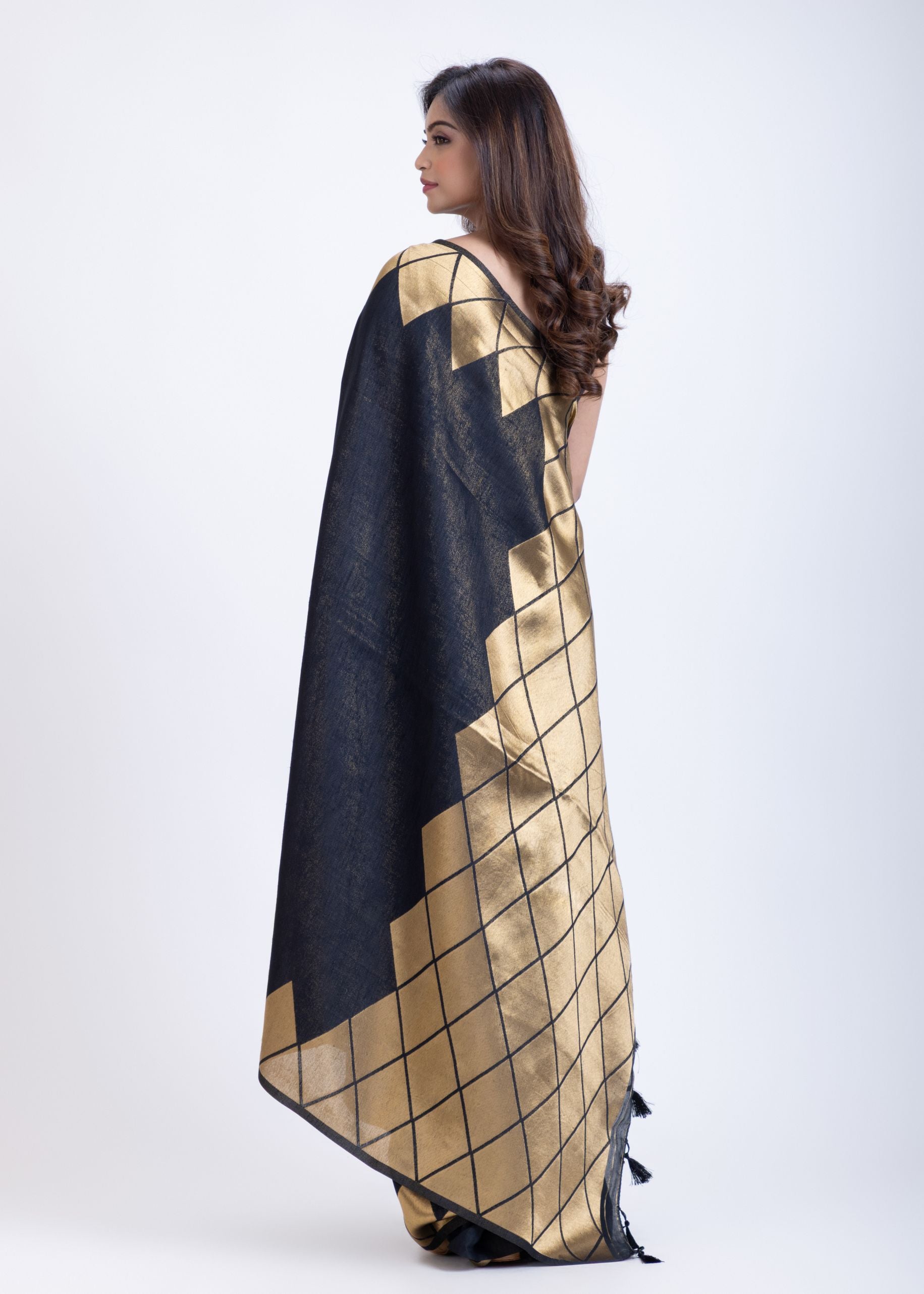 Designer Black Soft Silk Saree With Golden Geometric Border Back