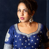 Designer Blue Blouse with Intricate Silver Embroidery and Half Sleeves - Anvi Couture