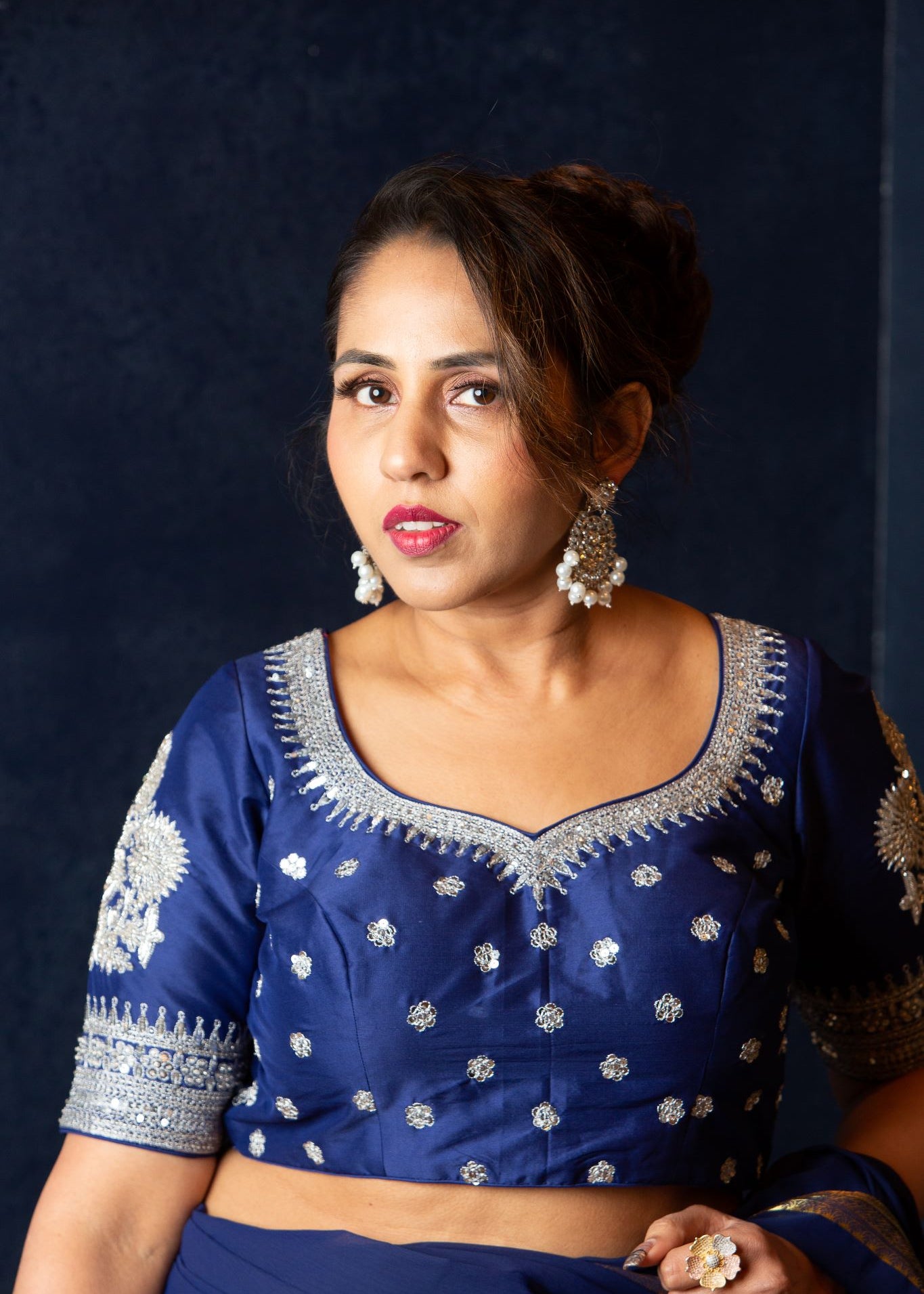 Designer Blue Blouse with Intricate Silver Embroidery and Half Sleeves - Anvi Couture