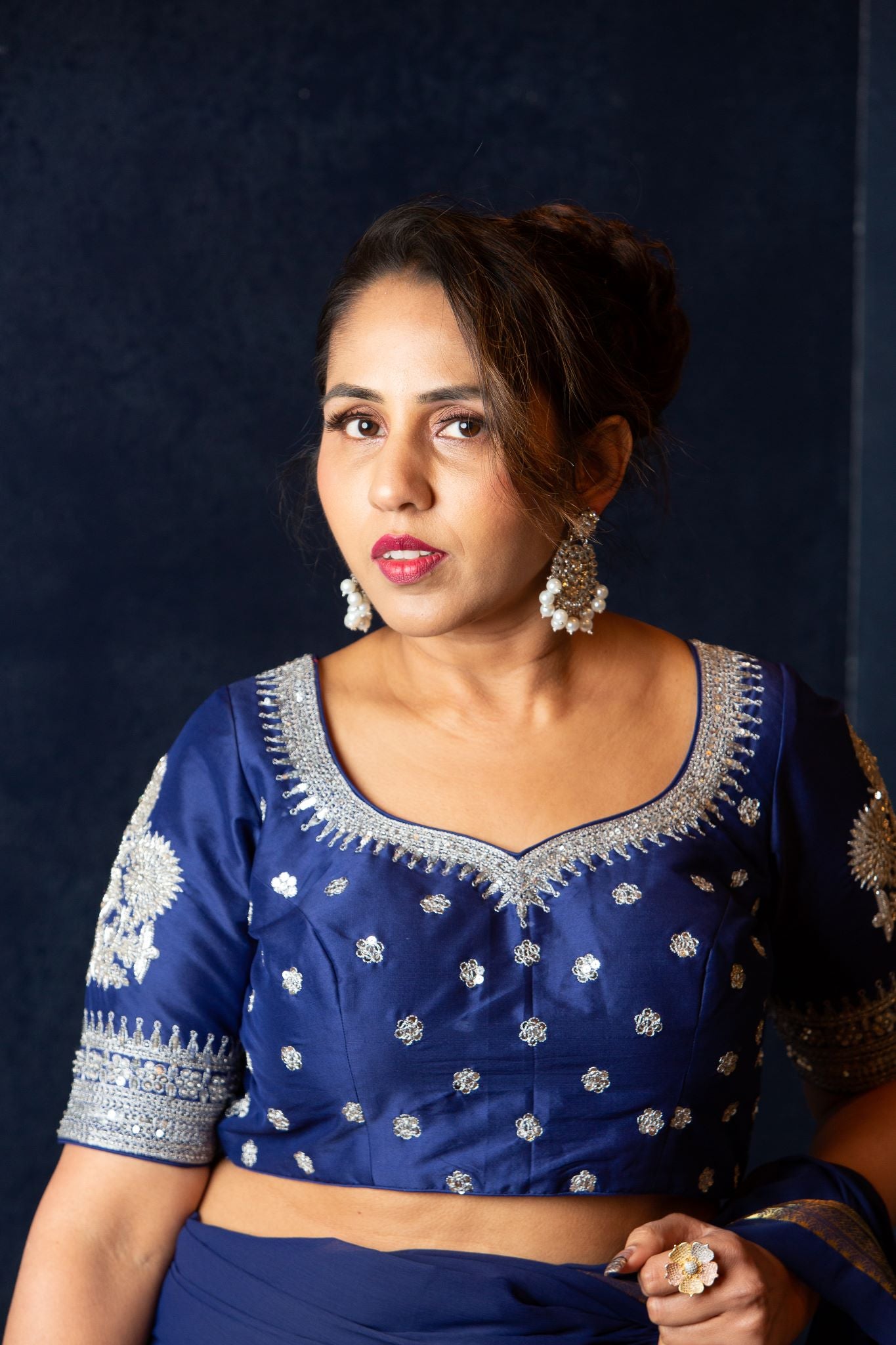 Designer Blue Blouse with Intricate Silver Embroidery and Half Sleeves - Anvi Couture