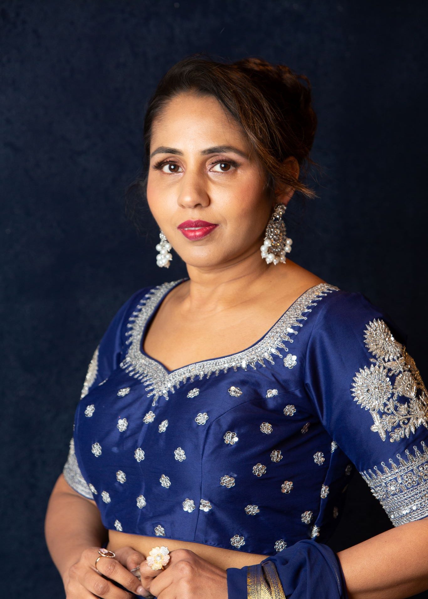 Designer Blue Blouse with Intricate Silver Embroidery and Half Sleeves - Anvi Couture