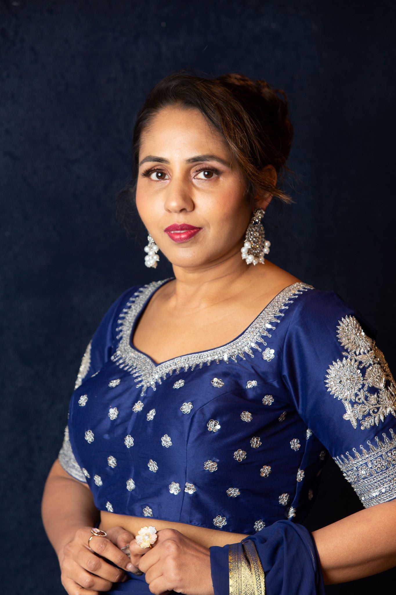 Designer Blue Blouse with Intricate Silver Embroidery and Half Sleeves - Anvi Couture