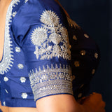 Designer Blue Blouse with Intricate Silver Embroidery and Half Sleeves - Anvi Couture
