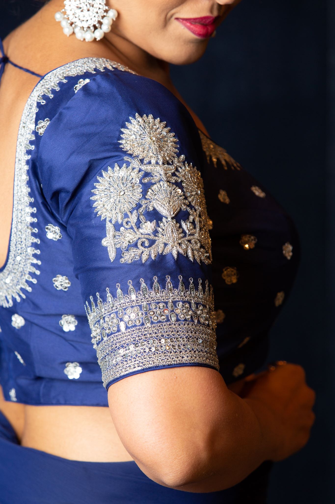 Designer Blue Blouse with Intricate Silver Embroidery and Half Sleeves - Anvi Couture