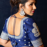 Designer Blue Blouse with Intricate Silver Embroidery and Half Sleeves - Anvi couture