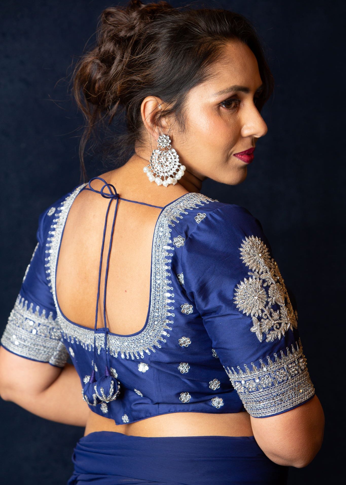 Designer Blue Blouse with Intricate Silver Embroidery and Half Sleeves - Anvi couture