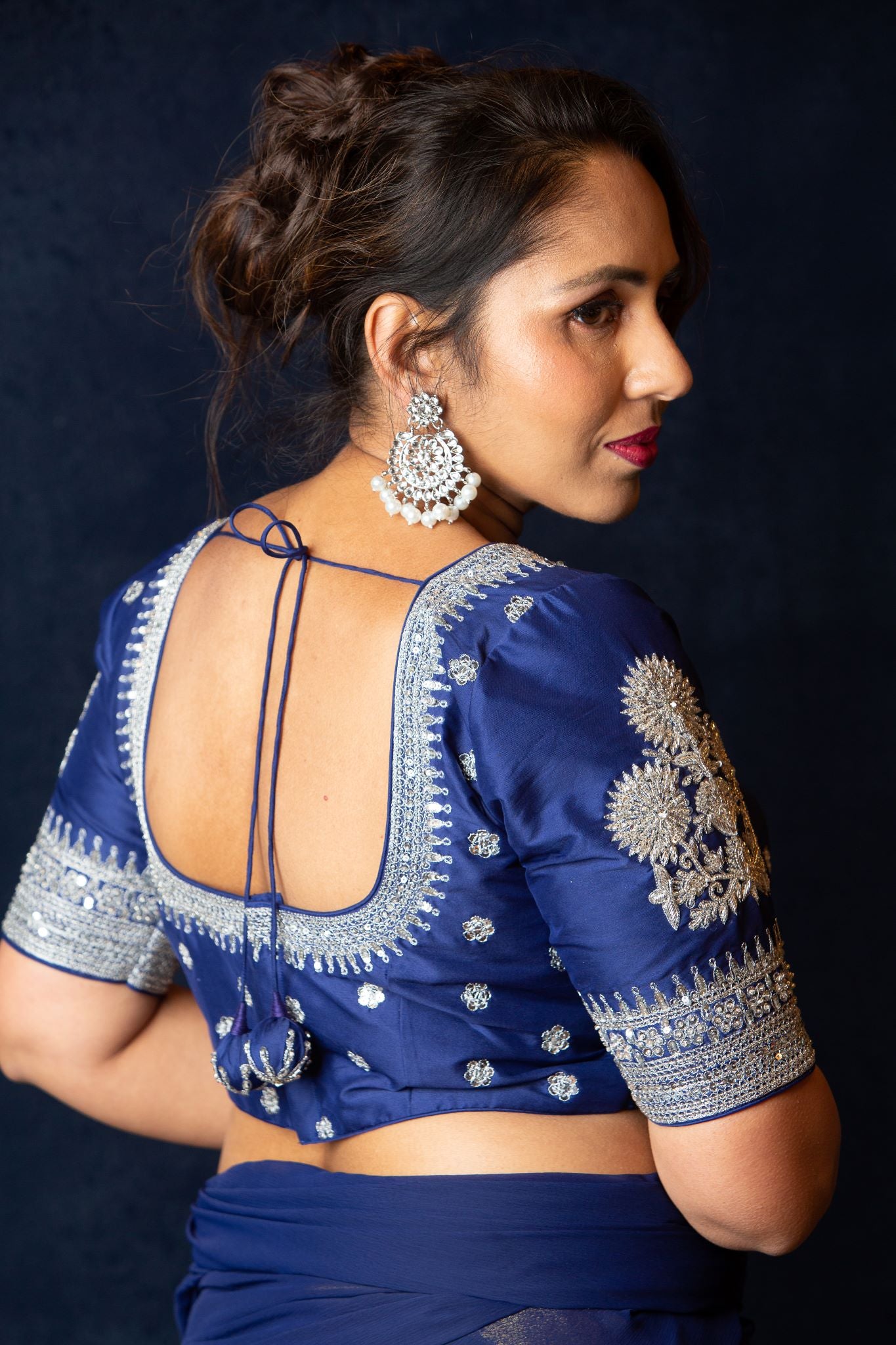Designer Blue Blouse with Intricate Silver Embroidery and Half Sleeves - Anvi couture
