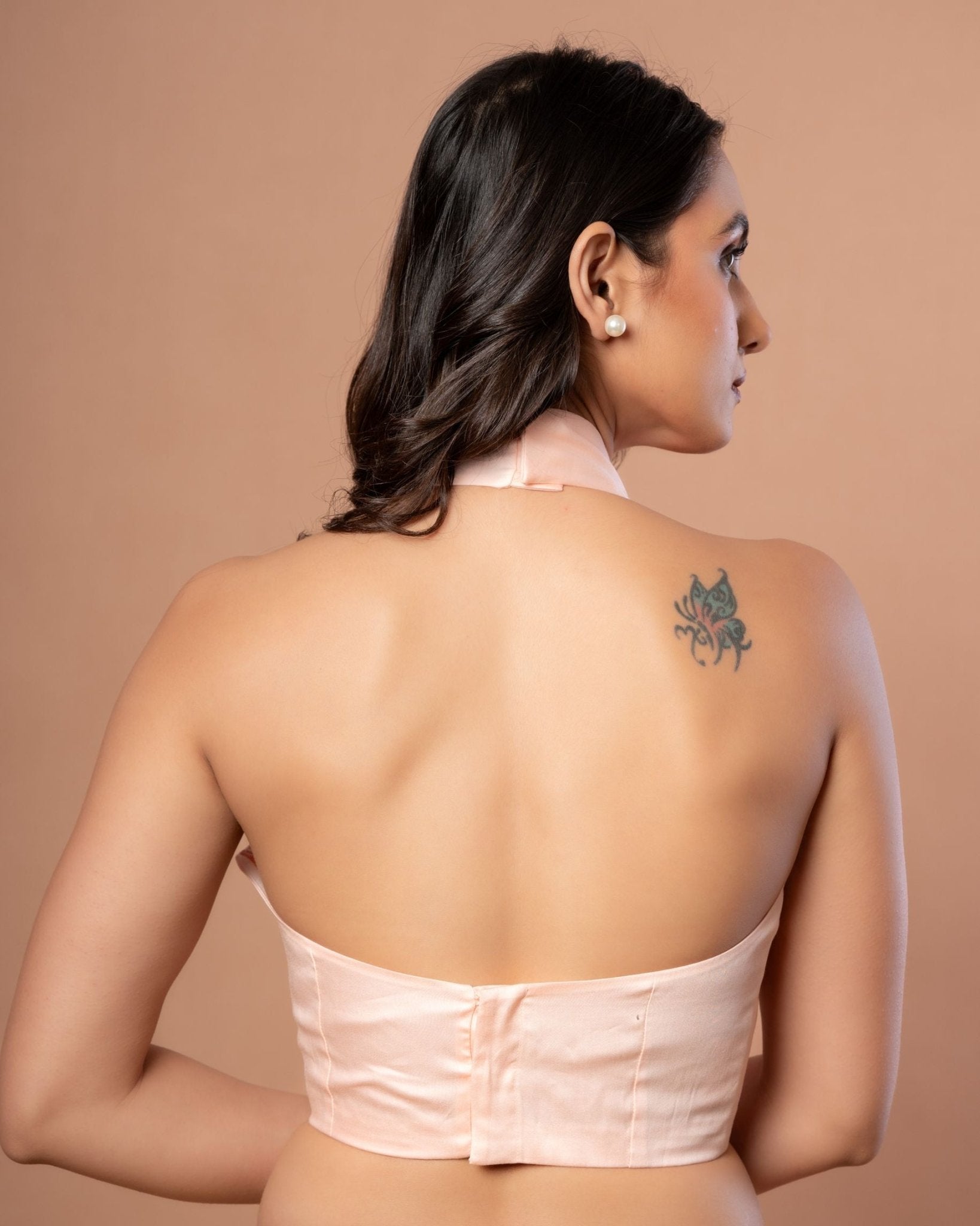 Designer Halter Neck Blouse in Peach Colour - Anvi Couture